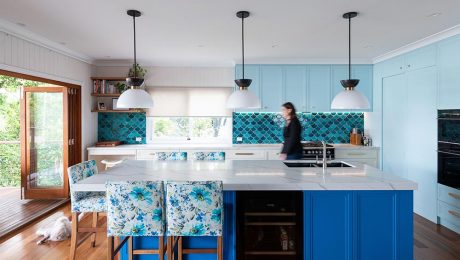 Modern Kitchen with blue interior, seating area from kitchens by kathie