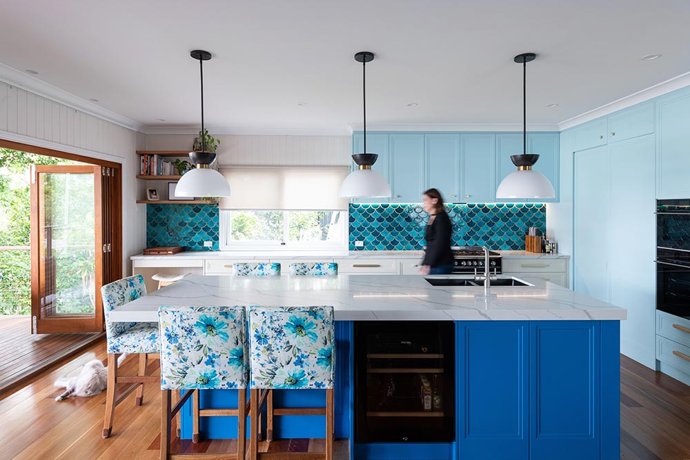 Modern Kitchen with blue interior, seating area from kitchens by kathie